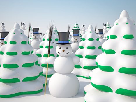 The winter landscape with trees and snowmans