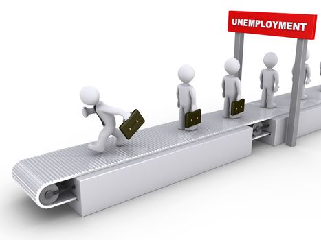 3d businessman is running on conveyor to avoid unemployment
