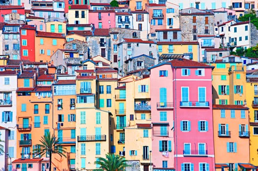 Colorful houses in the Menton village in France, color walls and windows, Menton, France