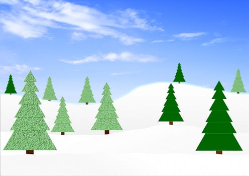 Winter landscape with green fir-trees under the dark blue sky