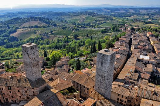 Tuscan village San Gimignano view from the tower, Italy