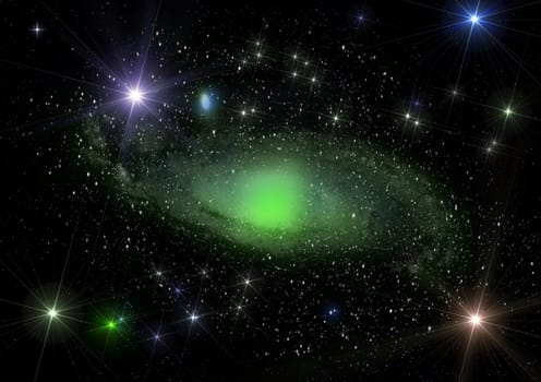Green spiral galaxy and star dust shined with stars