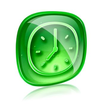 clock icon green glass, isolated on white background