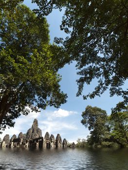 Bayon temple in Angkor Cambodia under the water