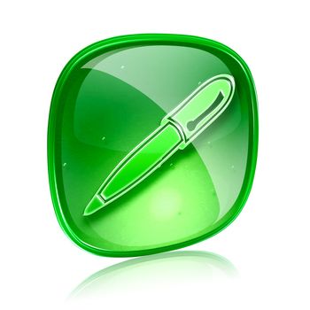 pen icon green glass, isolated on white background.