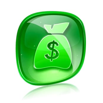 dollar icon green glass, isolated on white background.