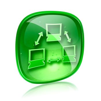 Network icon green glass, isolated on white background.