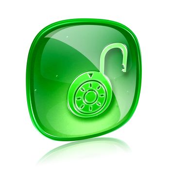 Lock on, icon green glass, isolated on white background.