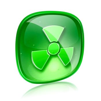 Radioactive icon green glass, isolated on white background.