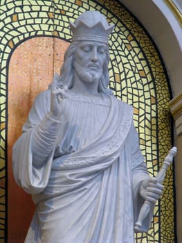 A detail of a marble statue of Christ The King in Paola, Malta.