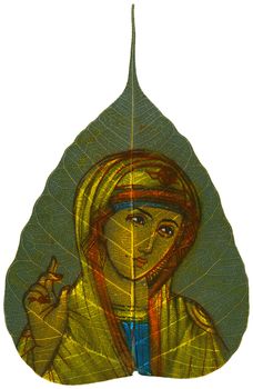 Peepal Leaf hand-painted depicting Madonna on white background
