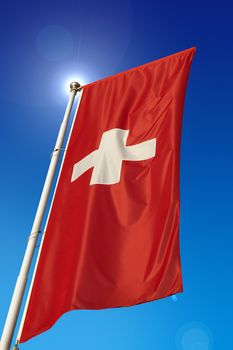 Vertical Switzerland Flag - waving in the blue sky