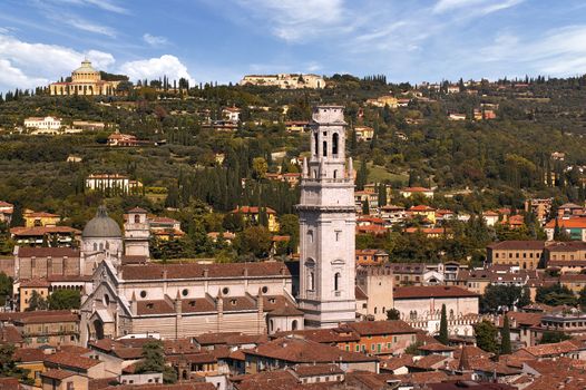 Overview of Verona Italy with the Cathedral and the green hill