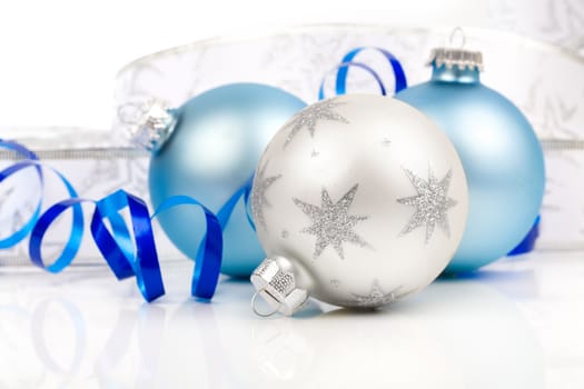Christmas balls / ornaments, on a white background with copy space