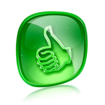 thumb up icon green glass, approval Hand Gesture, isolated on white background.