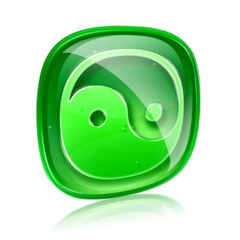 yin yang symbol icon green glass, isolated on white background.