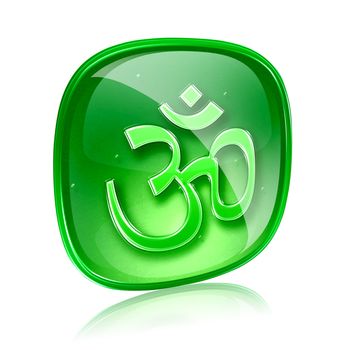 Om Symbol icon green glass, isolated on white background.
