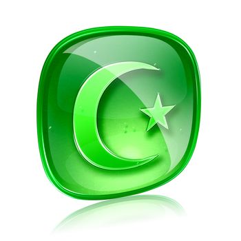 moon and star icon green glass, isolated on white background.