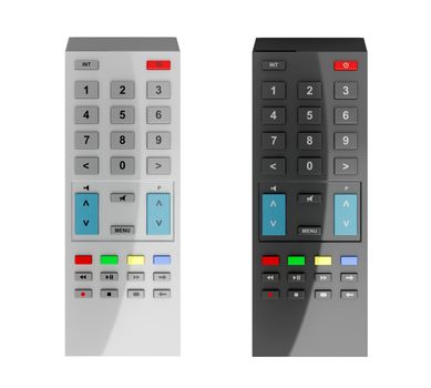 Black and gray remote controls isolated on white background