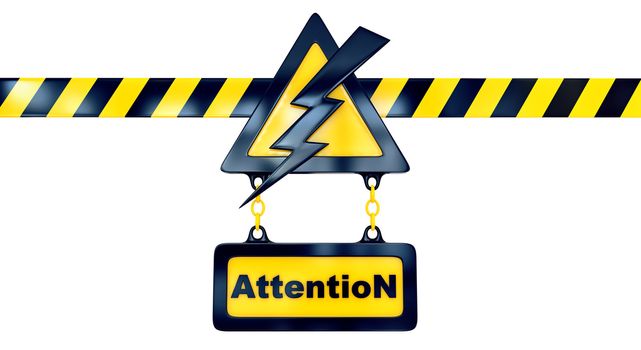 Shiny golden warning sign with lightning flash and striped line