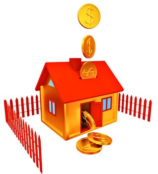 dollar coins falling down into a piggy bank in the form of a gilded house as a symbol of the accumulation