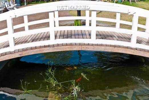 Just married wooden white bridge with water pond below