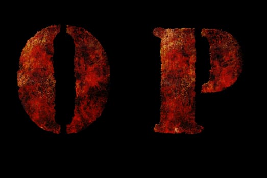 Rusty vintage alphabet "OP" letters, grunge vintage alphabet on black isolated background. Can be use for icon, logo, web design concepts.