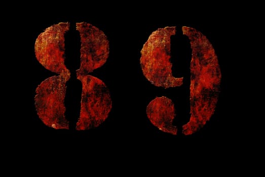 Rusty vintage alphabet "89" letters, grunge vintage alphabet on black isolated background. Can be use for icon, logo, web design concepts.