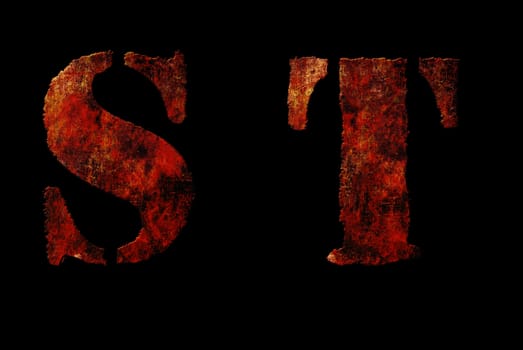 Rusty vintage alphabet "ST" letters, grunge vintage alphabet on black isolated background. Can be use for icon, logo, web design concepts.