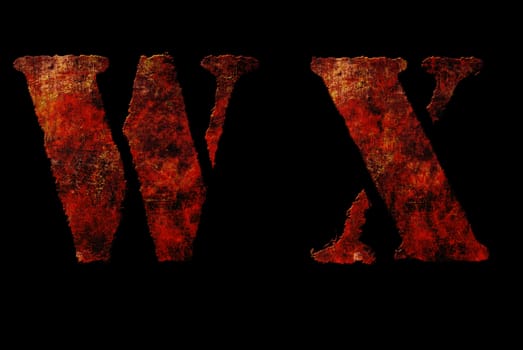 Rusty vintage alphabet "WX" letters, grunge vintage alphabet on black isolated background. Can be use for icon, logo, web design concepts.