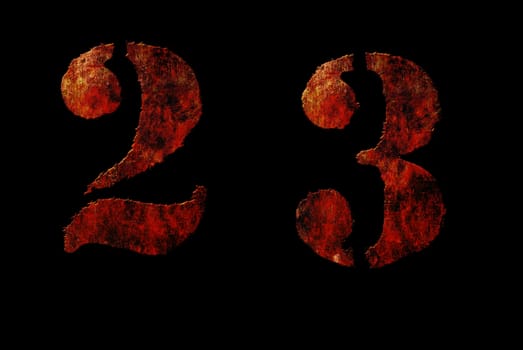 Rusty vintage alphabet "23" letters, grunge vintage alphabet on black isolated background. Can be use for icon, logo, web design concepts.