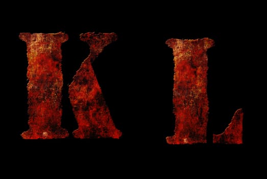 Rusty vintage alphabet "KL" letters, grunge vintage alphabet on black isolated background. Can be use for icon, logo, web design concepts.