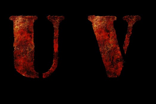 Rusty vintage alphabet "UV" letters, grunge vintage alphabet on black isolated background. Can be use for icon, logo, web design concepts.