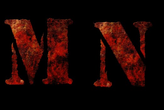 Rusty vintage alphabet "MN" letters, grunge vintage alphabet on black isolated background. Can be use for icon, logo, web design concepts.