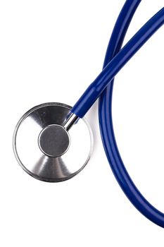 Closeup view of blue stethoscope on the white background