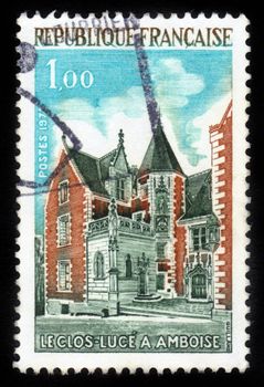 FRANCE - CIRCA 1973: A stamp printed in France shows The Clos Luce in Amboise , Loire Valley Manor house where Leonardo da Vinci lived,invited by the king of France: Francois I, circa 1973