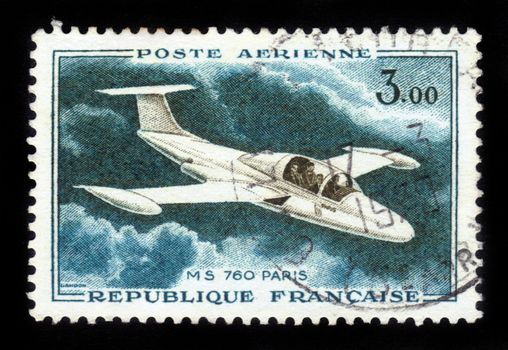 FRANCE - CIRCA 1969: A stamp printed in France shows image of a Morane-Saulnierthe glider MS 760 Paris, series, circa 1969