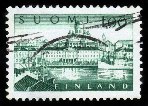 FINLAND - CIRCA 1963: A stamp printed in Finland shows view of Helsinki Harbour: Cathedral at Senate Square, the Finnish National Theatr, circa 1963