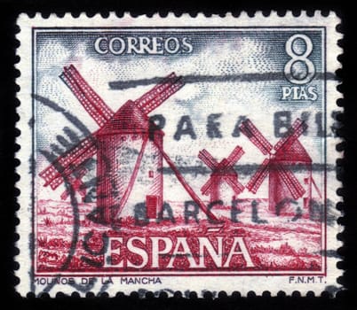 SPAIN - CIRCA 1973: A stamp printed by Spain, shows windmills of La Mancha (Spain), circa 1973