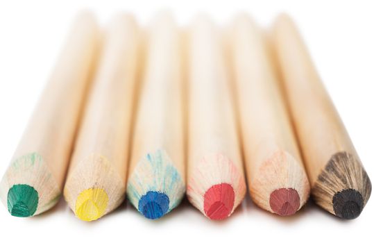 Macro view of a row of color wooden pencils