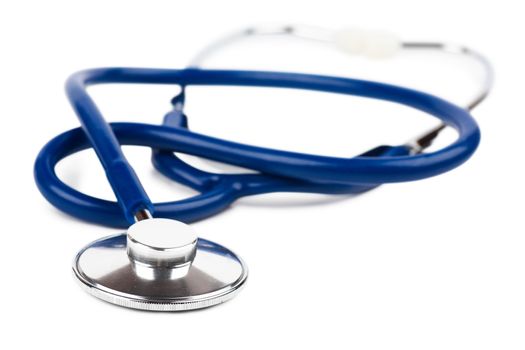 Closeup view of blue stethoscope on the white background