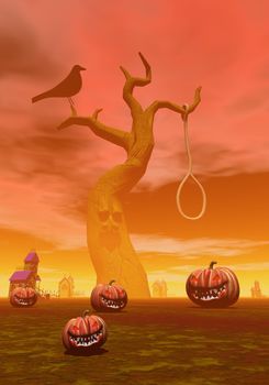 Pumpkins, lantern, tree, rope, houses and rope for halloween scene by sunset