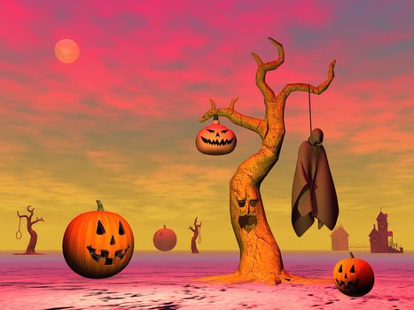 Pumpkins, lantern, tree, corpse, houses and rope for halloween scene by sunset