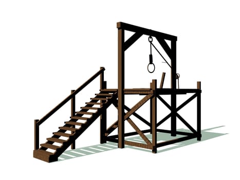 Gallow made of wood with a rope in white background