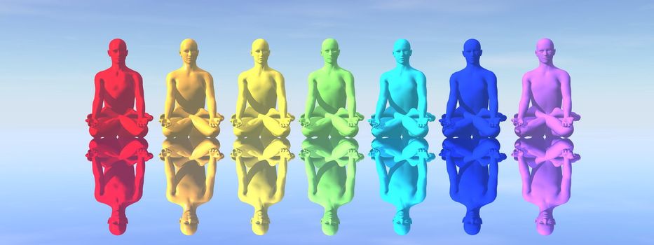 Seven human with chakra colors in meditation with their reflection in blue background