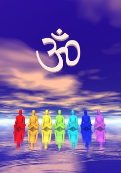 Seven human with chakra colors meditating below an aum in blue and pink background