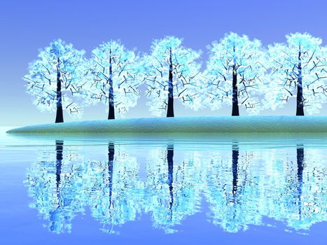 Beautiful winter landscape with trees reflecting into water by blue day