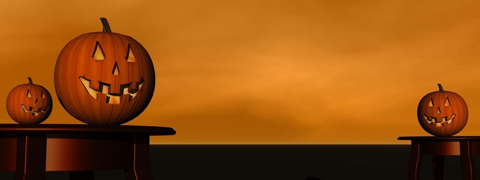 Three pumpkins on tables in brownbackground