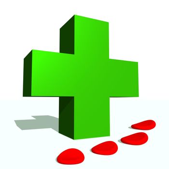 Big green cross and blood cells in white background