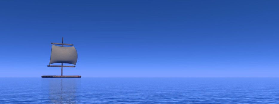 Raft floating alone on the deep blue ocean